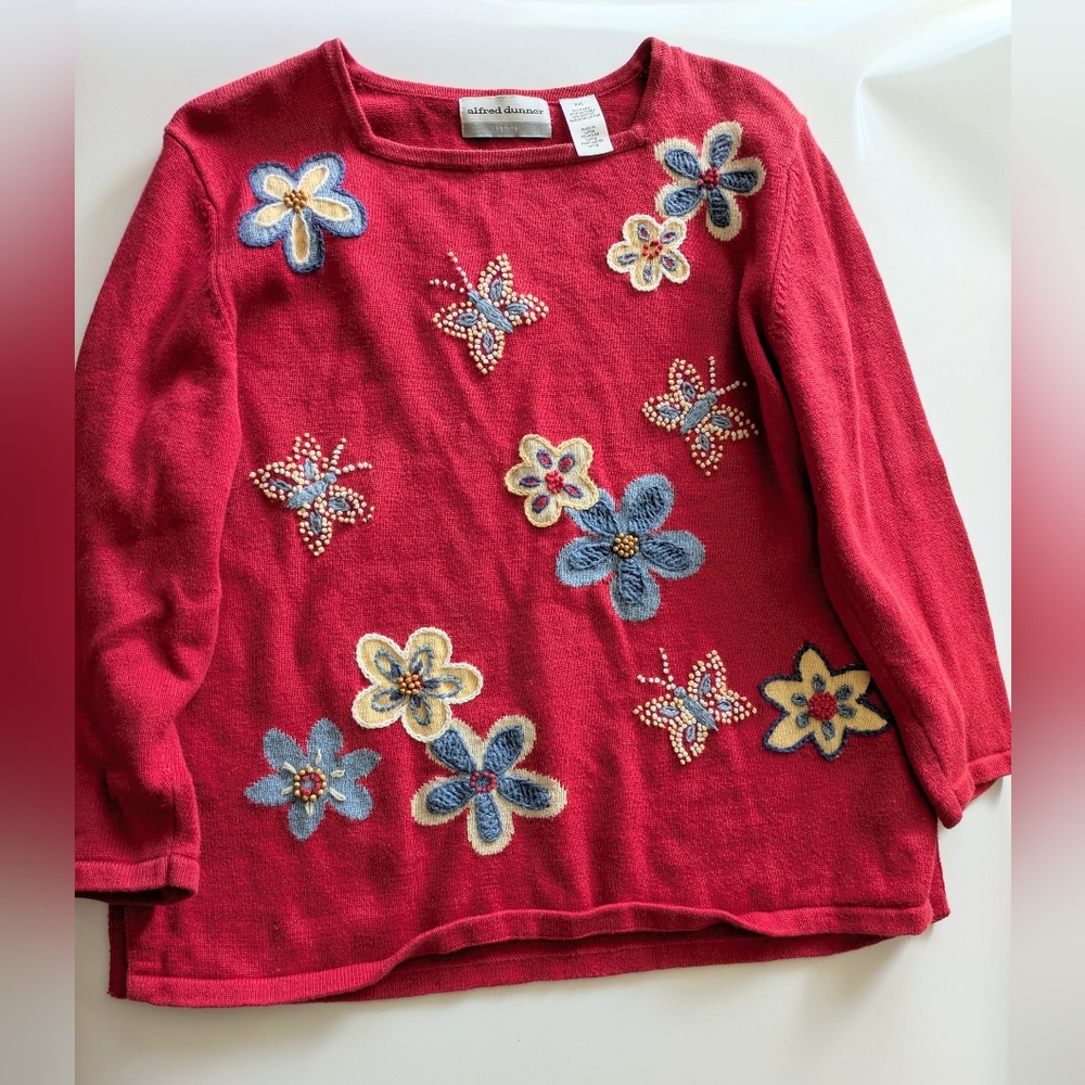 Vintage, Embroidered and Beaded Floral Butterfly 3/4 length Cottage Core Sweater
